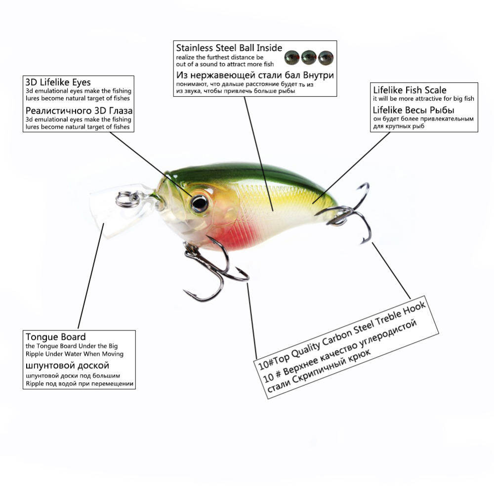 OPOLSKI 5Pcs Crank 3D Eyes Fishing Lure Hard Bait Bass Crankbait Sharp