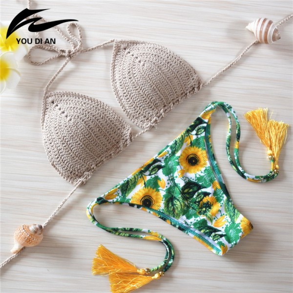 2016 Knitted Swimsuit Sexy Swimwear women summer dress Handmade Crochet Bikinis women Brazilian bikini swimming suit for women