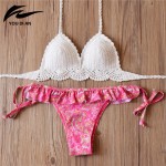 2016 New Arrival Crochet Bikini Sets Women Pure Handmade Top Sexy Halter Swimwear Floral Print Biquini Low Waist Swimsuit