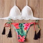 2016 New Arrival Crochet Bikini Sets Women Pure Handmade Top Sexy Halter Swimwear Floral Print Biquini Low Waist Swimsuit