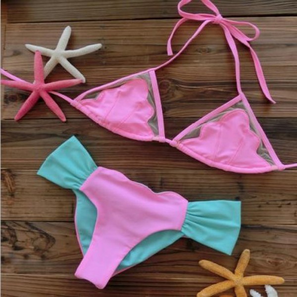 2016 Sexy Sweet Cameo Shell Bikini patchwork mesh Shell Swimsuit Beach Swimwear Low Waist Strappy Bra Swimsuit 1509