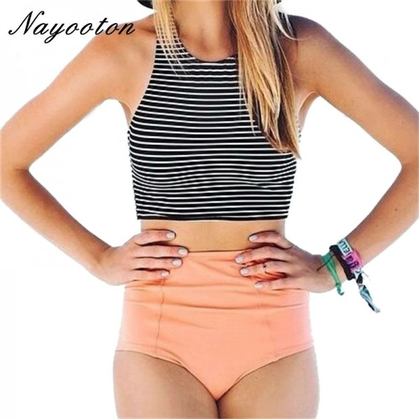 2016 new black white striped design Two Piece swimsuit high waist women's swimming suit Simple and simple bikini swimwear D019