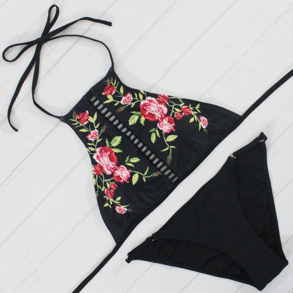 2017 New High Neck Bikini Women Swimsuit Swimwear Bandage Cut Out Brazilian Bikini Set Print Summer Beach Floral Bathing Suit