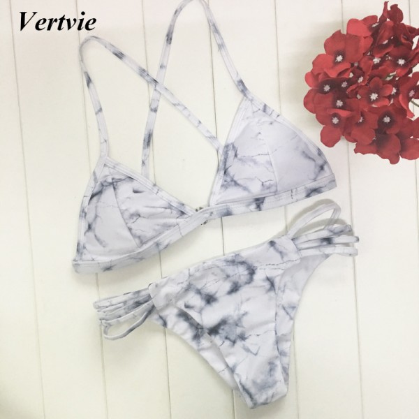 2017 New Vertvie Women Sexy Bikinis Set Double Marble Pattern Wire Free Bikinis Set Female Clothes Fitted Summer Beach Swimming