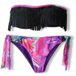 2017 Sexy Lady Black Fringe Floral Bandeau Biquini Beach Swimsuit Swim Wear Bathing Suit Swimwear Women Push Up Brazilian Bikini