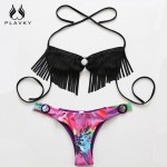 2017 Sexy Lady Black Fringe Floral Bandeau Biquini Beach Swimsuit Swim Wear Bathing Suit Swimwear Women Push Up Brazilian Bikini