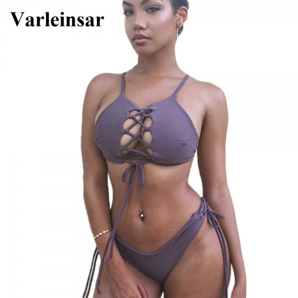 2017 Sexy Strappy purple Bikini Lace Up two pieces swimsuit female Swimwear Women Bikini Set Bathing Suit swim wear biquini V423