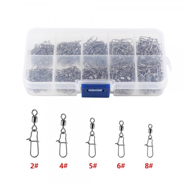 210pcs/ Set Stainless Steel Fishing Swivel Snap Rolling Swivel Connector hooked Snaps Pin Ball Bearing Fishhook Lure Tackle Kit