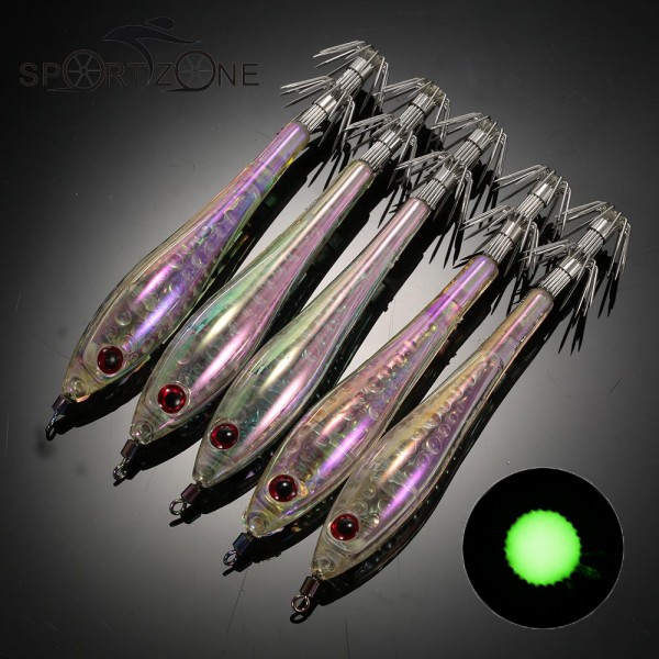 5pcs/lot Luminous Squid Hook Umbrella Wood Shrimp Luminated Sea Fishing Fluorescent Squid Cuttlefish Sleeve Jig Fishing Lure