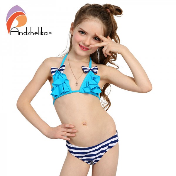 Andzhelika 2017 New Bikinis Set Children's Swimsuit Cute Bow Solid striped Bottom Girls Swimwear Swimming Suit 10-16 year old