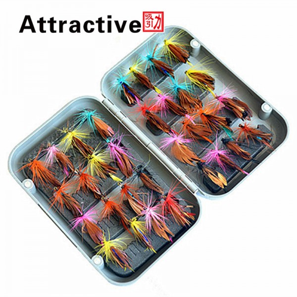 Attractive 32pcs Boxed fly fishing lure set Artificial bait trout fly fishing lures hooks tackle with box Butterfly Insect 