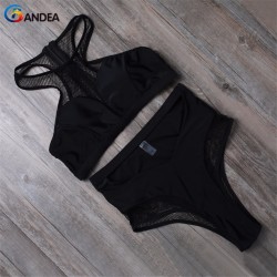 BANDEA Black High Waist Swimsuit Women Sexy Mesh Bikini Set Halter Biquini Cut Out Swimwear HA811