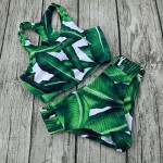 BLESSKISS High Neck Bikini Women Swimwear 2017 Hot Printed Green Leaf Bandage Swimsuit Bikini Set Bathing Suit Crop Top Biquini