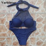 Blue mesh high neck bikini set cup bra push up bikini female swimwear women sexy two pieces swimsuit bathing suit swim wear V04