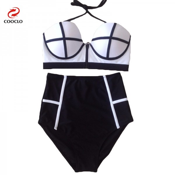 COOCLO   Neoprene Zipper Sexy Push Up High Waist Swimsuit Bikini Black white Swimwear Women Bathing Suit Biquinis Feminino