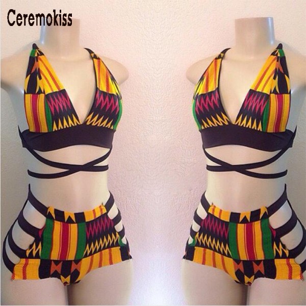 Ceremokiss 2017 New Sexy Deep V Neck Women Bikinis Set Multi Color Halter Hollow Out Bandage Striped Women Swimwear Bathing suit