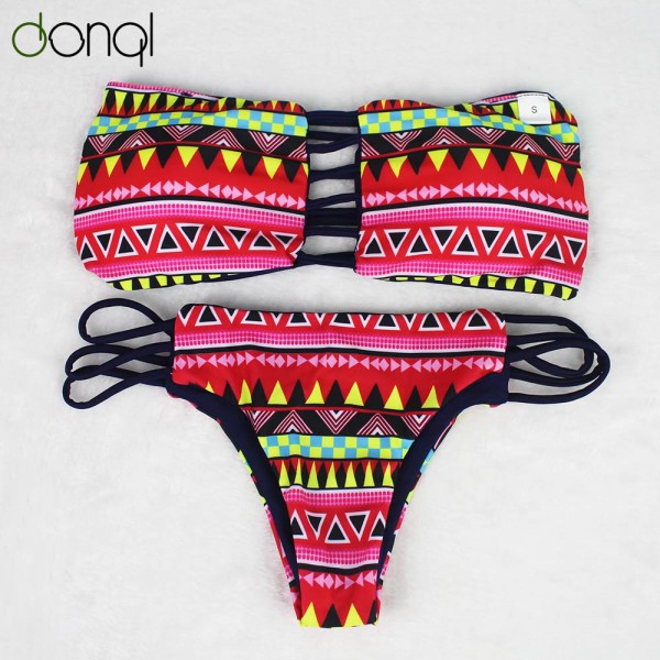 DONQL 2017 Sexy Swimsuit Bandeau Push Up Bikini Set Reversible Print Swimwear Brazilian Strapless Padded Bra Beach Bathing Suits