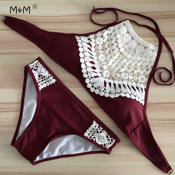 M&M 2017 Sexy Women Swimsuit Crochet Bikinis Set High Neck Halter Bikini Swimwear Summer Beach Swim Wear Bathing Suit Biquini