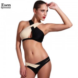 New Sexy women bikini 2017 swimwear Cross Bandage Two colors Patchwork Halter neck Bikinis Brazilian Padded push up bathing suit