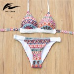 Retro National Style Spandex Crochet Patchwork Bikini Set Printed Women Swimsuit Beach Wear Maillot De Bain Femme Bathing Suits