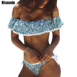 Riseado 2017 Ruffle Bikini Set Swimwear Swimsuit Women Floral Off The Shoulder Sexy biquini Beach Bathing Suits