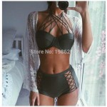 S ~ XL Summer 2016 New EuropeBlack Sexy Halter Swimwear Women swimwear  Mesh high waist Bangsheng bikini set Biquini D081