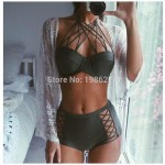 S ~ XL Summer 2016 New EuropeBlack Sexy Halter Swimwear Women swimwear  Mesh high waist Bangsheng bikini set Biquini D081