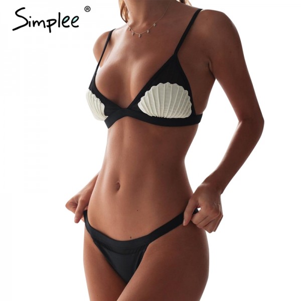 Simplee Deep v neck shell black bikini set Sexy low waist two pieces women swimwear Summer backless beachwear biquine bottom