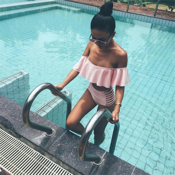 Soild Sexy Falbala bandeau bikini  2016 swimwear swimsuit women high waist bikini set bathing suits