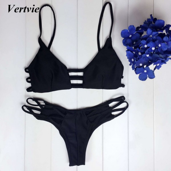 Vertvie Sexy Hollow Out Bikini Set Black Braided Rope Bangdage Push Up Swimsuit Women 2017 For Summer Party Beach Bath Swimwear