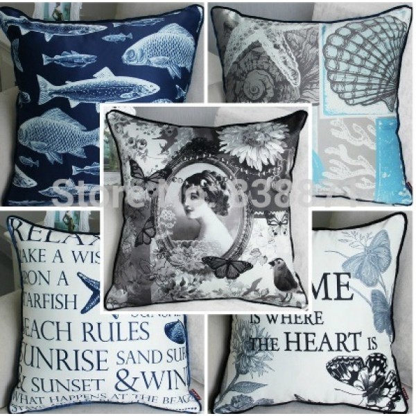 Vintage Blue Geometric Linen Cotton Pillow Fish And Sheep Home Decor Cushion Decorative Throw Pillows 45X45CM cushion wholesale 