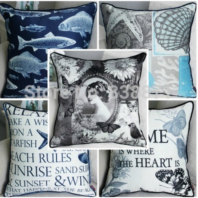 Vintage Blue Geometric Linen Cotton Pillow Fish And Sheep Home