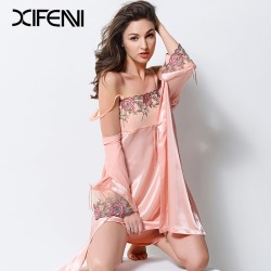 XIFENNI Sexy Satin Silk Robe Sets With Chest Pad Women Faux Silk Nightgowns Embroidery Lace Two-Piece Bathrobe Pijama Set 2701