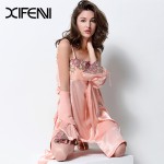 XIFENNI Sexy Satin Silk Robe Sets With Chest Pad Women Faux Silk Nightgowns Embroidery Lace Two-Piece Bathrobe Pijama Set 2701