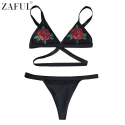 ZAFUL Bikini Set 2017 Women Rose Embroidery Swimwear Sexy Thong Bottom Biquini Swimsuit Bathing Suit Bikini Maillot De Bain