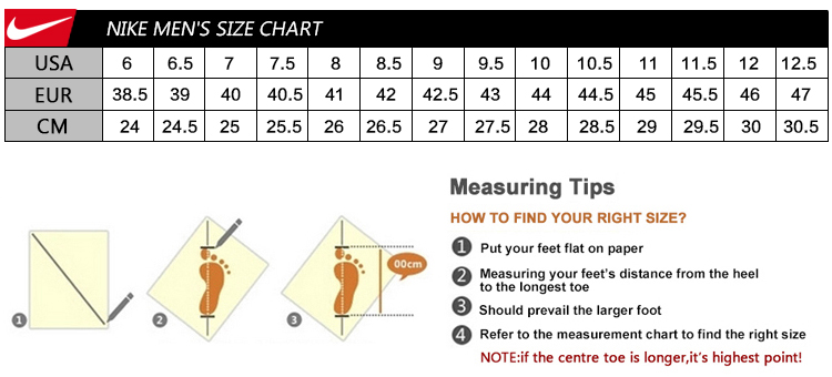 size chart nike cortez