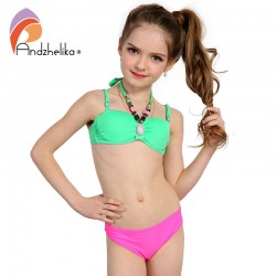 Andzhelika 2017 Summer Children's Swimwear Decoration Neck Girls Bikinis Set Push up Swimming Suit Kid Bathing Suit 317003